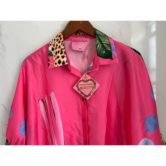 Patricia Forgeal LM Lulu Pink Button-Up Shirt With Jungle Safari Print Leopard & - Picture 2 of 11